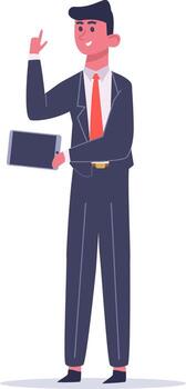 Smiling businessman in suit holding tablet and raising index finger showing number one, full body, simple style illustration isolated on white background vector