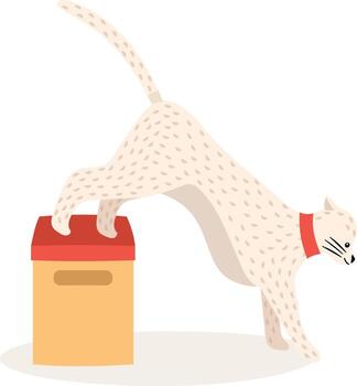 Playful cat with a red collar stretching its body over a box, displaying remarkable flexibility and captivating feline grace, embodies the charm and antics of a curious pet vector