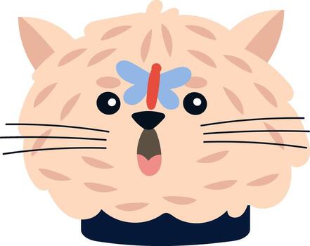 Fluffy, surprised cat with a butterfly perched on its head, mouth open and tongue sticking out, creating a whimsical and playful flat illustration on a white background vector