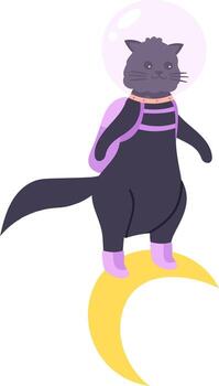 Charming illustration of an astronaut cat standing on the crescent moon, wearing a spacesuit, backpack, and helmet, creating a whimsical and adventurous scene vector