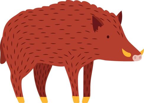 Red wild boar standing in profile view, displaying prominent tusks, featuring a simple flat illustration isolated against a clean white background vector