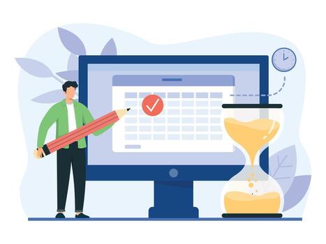 Schedule planning illustration concept. A man planning work tasks, filling check list, making schedule using calendar. Business and organization concept. vector