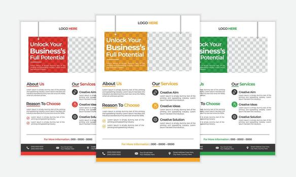 Three business flyer templates with different color schemes and placeholder images for text and photos vector