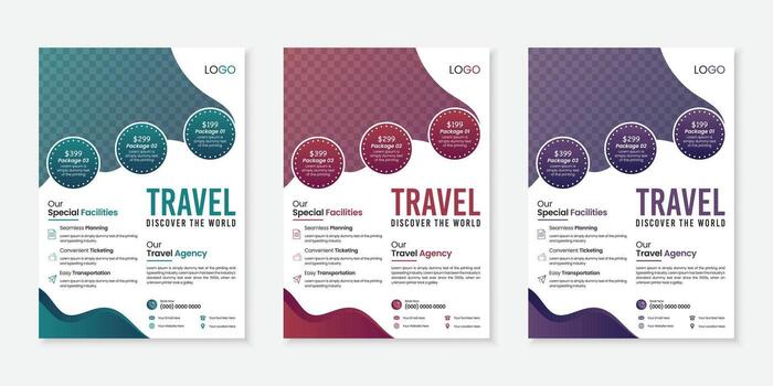 Travel promotion flyer template design with abstract wave shapes and circular elements vector