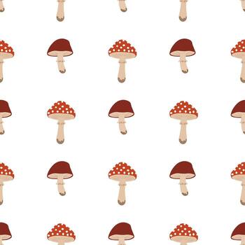 Seamless pattern with red fly agaric mushrooms on white background. vector
