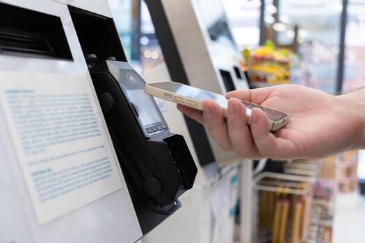 Person using a smartphone for fast contactless payment at a retail store self-checkout terminal, symbolizing modern digital transaction processes photo