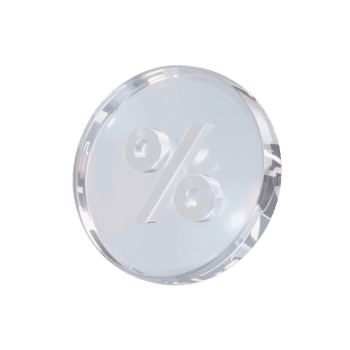 Transparent percentage symbol coin, gleaming with subtle reflections, floating in an ethereal png
