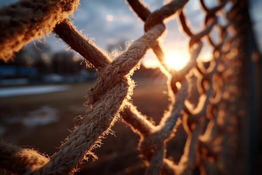 A rope fence with the sun setting behind it photo