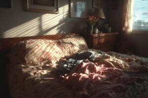 un sucio cama con un lámpara y un flor foto