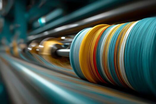 A close up of a machine that is making colorful yarn photo