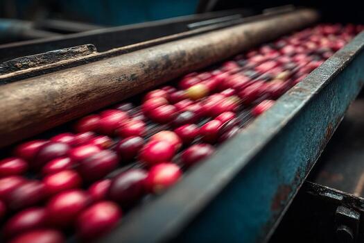 Coffee beans are being processed in a machine photo