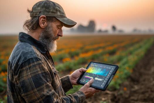 A farmer using an ipad to monitor his crops photo