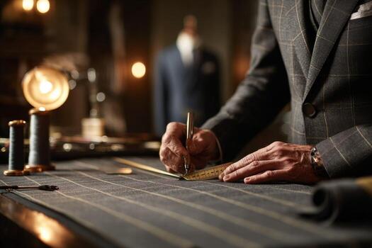 A man in a suit is writing on a piece of paper photo