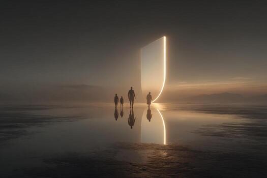 Three people walk through a field with a large light photo