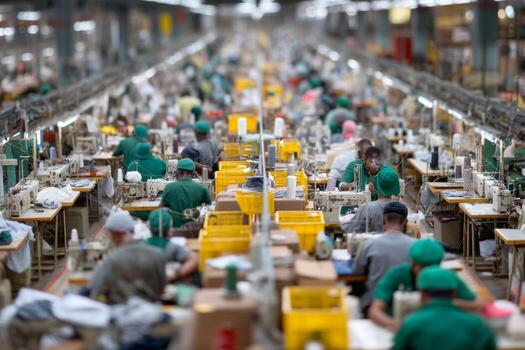 Workers in a factory with many people working photo