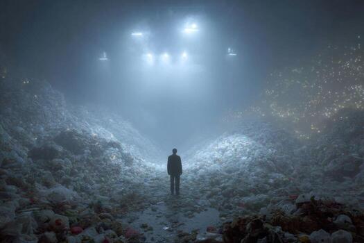 A man standing in a dark tunnel surrounded by garbage photo