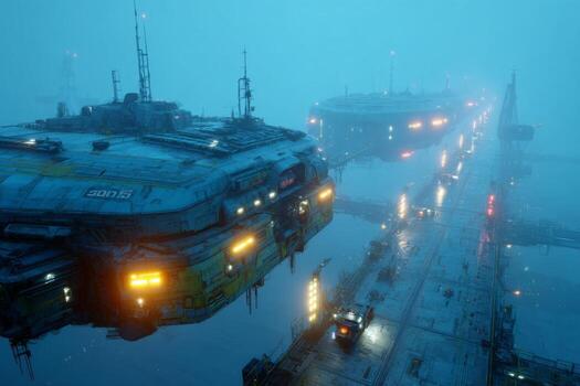 un futurista Embarcacion en el niebla con luces en eso foto