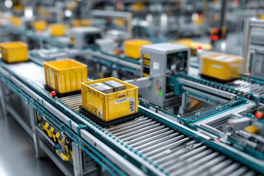 A conveyor belt with yellow boxes on it photo