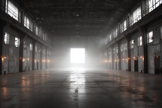 An empty warehouse with a light shining through the windows photo