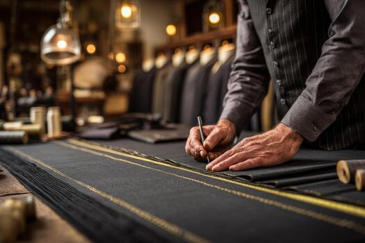 A man is working on a suit in a shop photo