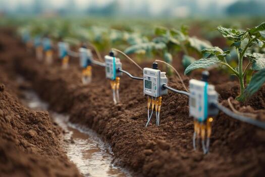 A row of electronic devices in a field photo