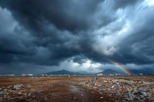 A rainbow is seen in the sky over a garbage dump photo