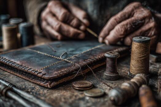 A man is working on a leather wallet photo
