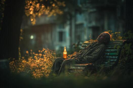 A man is sleeping on a bench in the woods photo