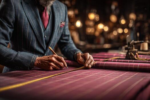 A man in a suit is working on a piece of fabric photo