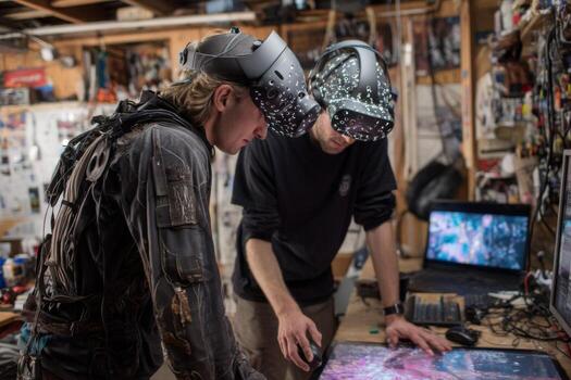 Two men wearing vr headsets working on a computer photo