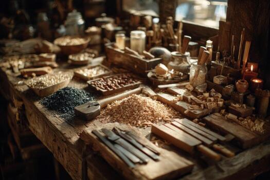 A table with various tools and wood on it photo