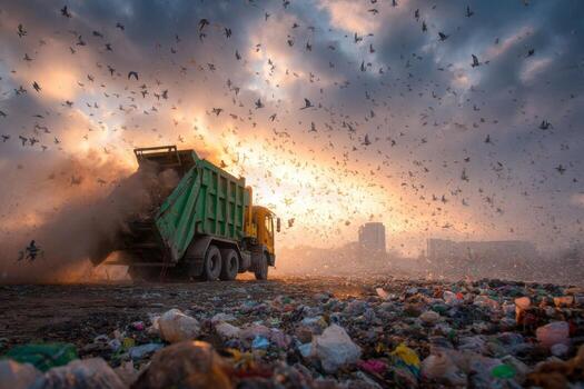 Garbage truck dumping trash into a pile of garbage photo