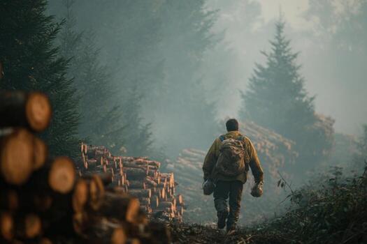 A man walking through a forest with logs photo