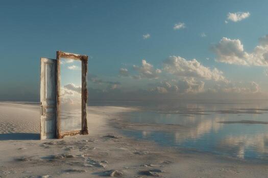 A door opens on the beach with water in the background photo