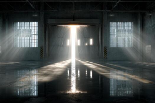 An empty warehouse with a light shining through the door photo