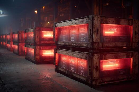 A row of crates with red lights on them photo