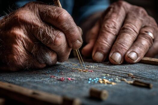 An old man is working on a piece of fabric with a needle photo