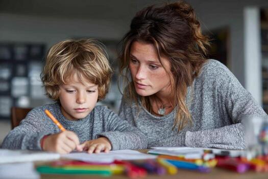 A woman and a child are working on a project together photo
