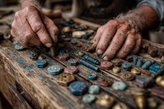 An old man working on a wooden table with various nuts and bolts photo