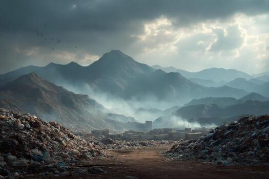 A garbage dump with mountains in the background photo