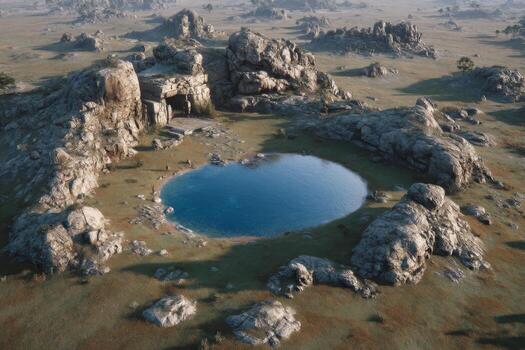 A small lake surrounded by rocks and grass photo
