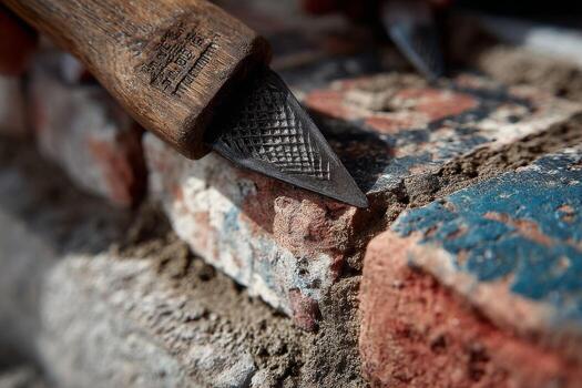 A person is using a wooden tool to cut into a brick photo