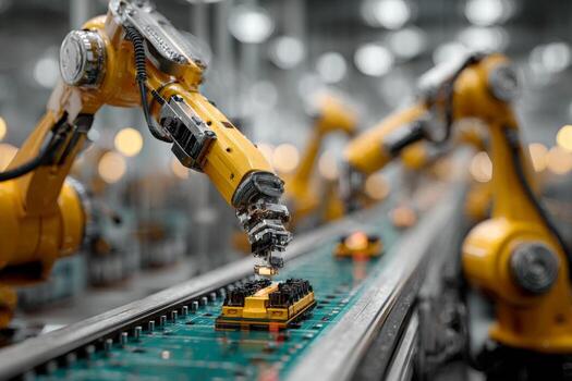 Robots working on a conveyor belt in an industrial factory photo