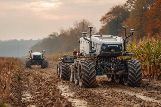 Two tractors driving through a field photo