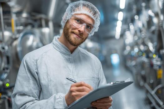A man in a lab coat writing on a clipboard photo
