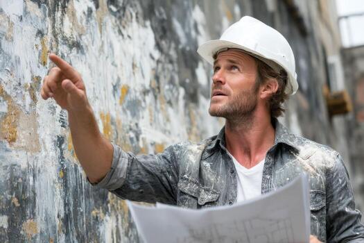 A man in a hard hat pointing at something photo