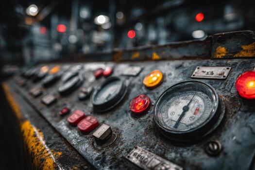 An old control panel with red lights photo
