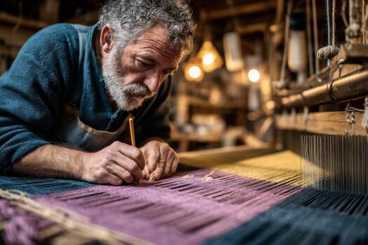 A man is working on a loom with a pencil photo