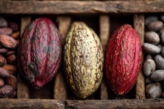 Cocoa beans and cocoa pods in a wooden crate photo