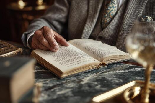 A man in a suit is reading a book photo